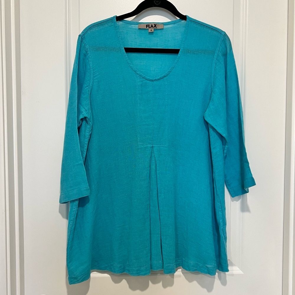 FLAX Linen/Cotton Pleated Tunic in Light Blue Size Small Lagenlook Minimalist